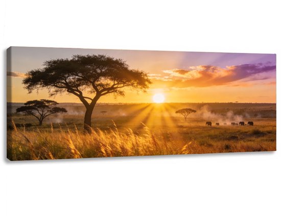 Canvas schilderij Olifanten Savanne Zonsondergang 120x50 cm - Kamer decoratie accessoires - Schilderijen woonkamer natuur horizon - Wanddecoratie slaapkamer - Muurdecoratie keuken - Wanddoek interieur binnen - Woondecoratie huis - Woonaccessoires