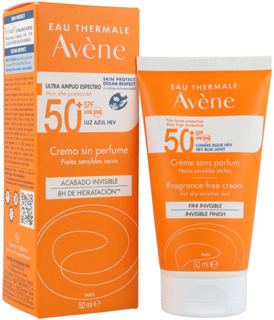 Avène zonnebrandcrème 50ml met doos, oranje verpakking, "Crema sin perfume, Pieles sensibles secas" en "Invisible finish".