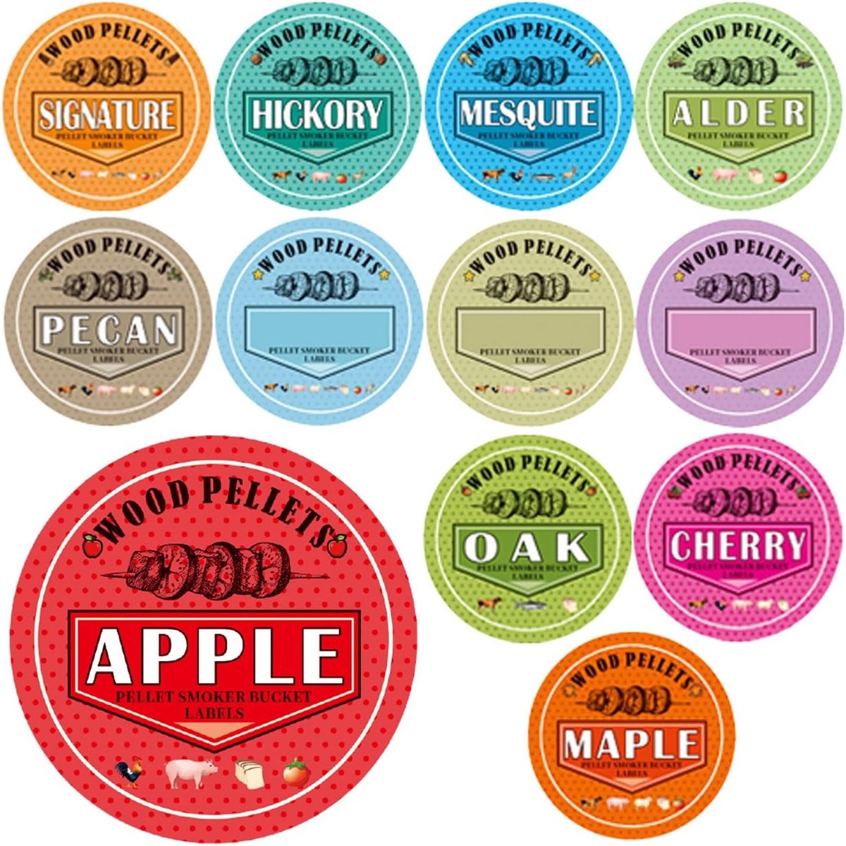 Pellet Emmer Labels - Opslag Stickers - Pellet Grill Organisatie - Duurzaam PVC Materiaal - 10cm Diameter - Diverse Smaken