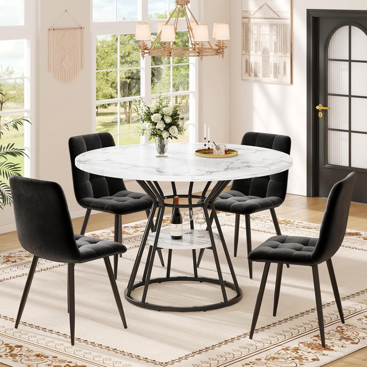 Eettafel met stoelen - Eetkamer set - Gezellig dineren - Marmerlook tafelblad - 100x100x76