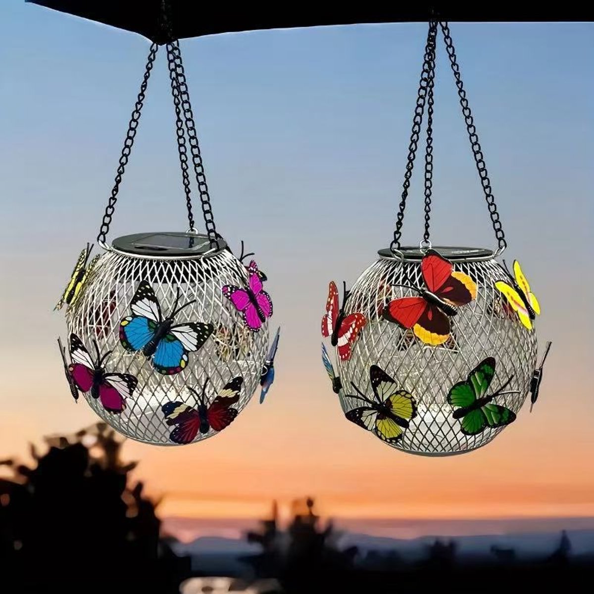 Metalen buitenzonnelampen, hangende zonnelantaarn, waterdichte decoratieve buitenverlichting voor buiten, patio, tuin, pad, veranda, warm wit, Vlinder-lichtnet — Warmwit (Set van 2)