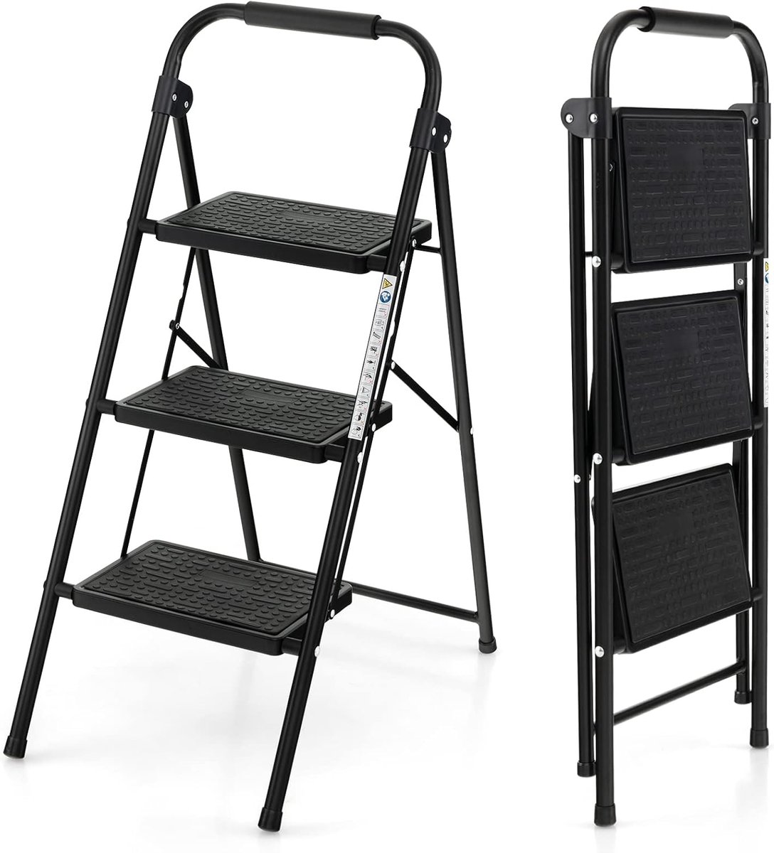Inklapbare Trapladder - Opstap Kruk - Klusklare Hulp - Antislip Brede Pedalen - 3 Treden - Zwart