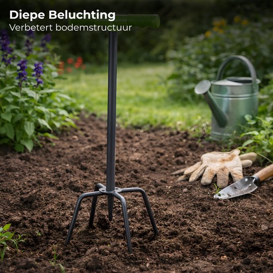 Lomera Tuinklauw - Grond Losmaken - Grond Beluchten - Onkruid Wieden - Onkruid Verwijderen - Tuingereedschap Tuinklauw - Tuinklauw Met Steel - Tuinklauw Lange Steel - Tuinklauw T Handvat - 4 Tands Tuinklauw — afbeelding 5