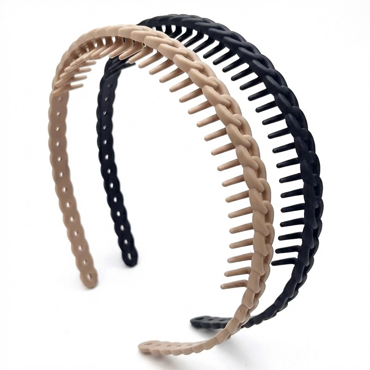 Set van 2 gevlochten haarbanden diadeem met tanden – zwart en beige – antislip en comfortabel