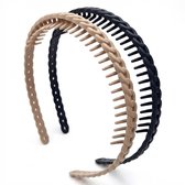 Set van 2 gevlochten haarbanden diadeem met tanden – zwart en beige – antislip en comfortabel