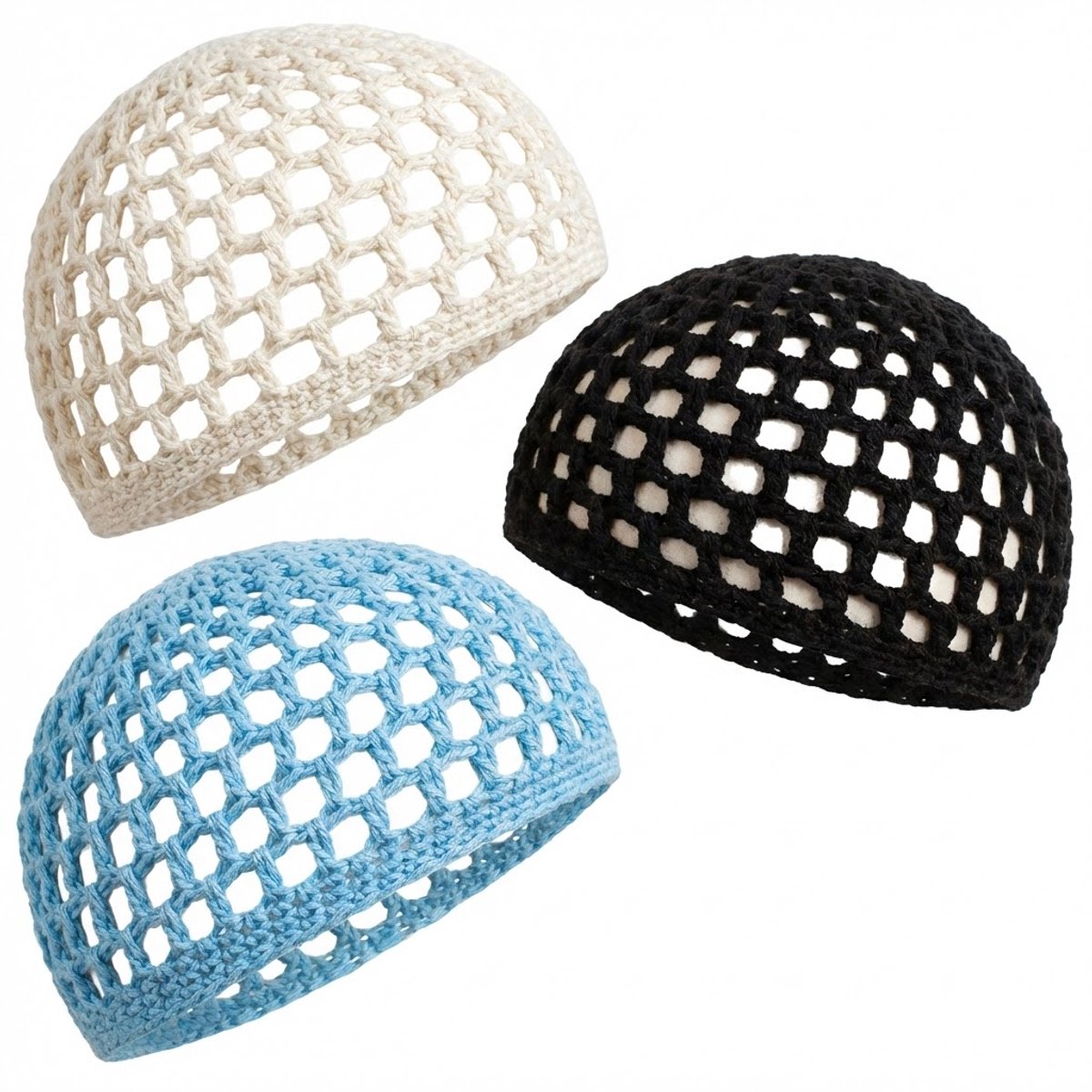 3 stuks gehaakte haarnetjes – elastische opengewerkte haarnetten in wit, zwart en blauw