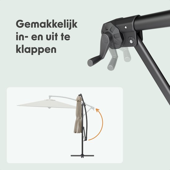 Animatie van het eenvoudig in- en uitklappen van de taupe zweefparasol.
