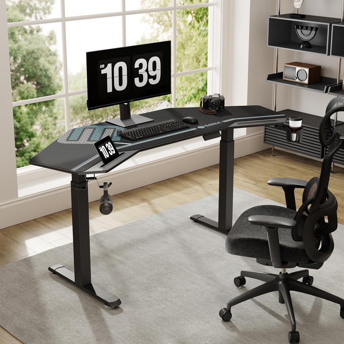 Electric Height Adjustable Wing-Shaped Gaming Desk 180 x 76 cm – Large Carbon Fiber Surface, Dual Motor, Adjustable for Home Office, Studio, Streaming, and Gaming – Abkantoor