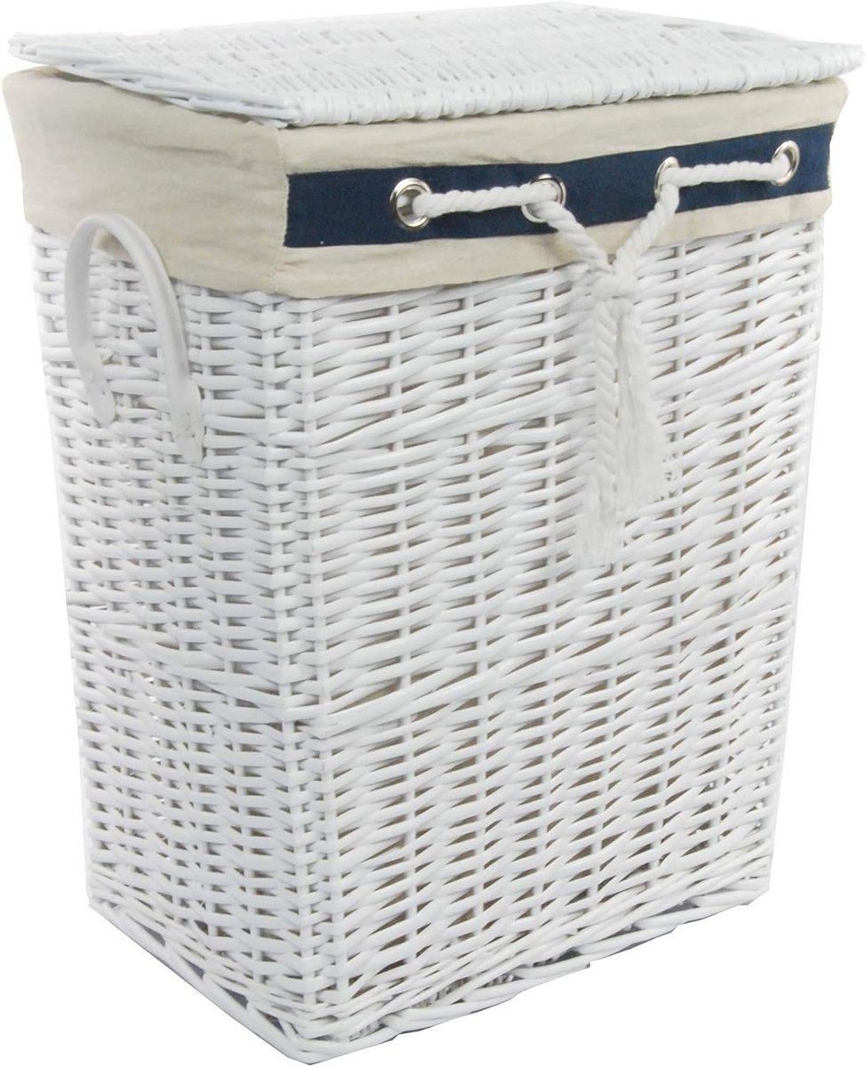 Rechthoekige witte wasmand met deksel en marinemotief, afneembaar en wasbaar - 32x24x47cm