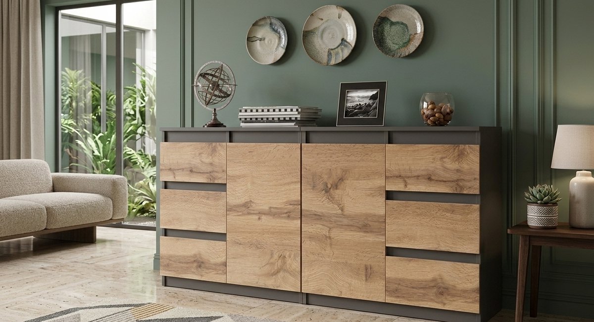 NovaEdge Commode Set 120 cm + 80 cm – Moderne Dressoir Kast met Greeploze Laden – Multifunctionele Opbergkast voor Woonkamer, Hal, Slaapkamer en Kinderkamer – Grafiet – Novihome
