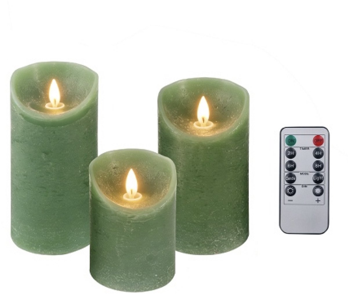 Foryouliving - LED kaarsen met bewegende vlam 3x - Groen - Green - Afstandsbediening - Stompkaars rustiek wax - LED kaars batterij - Timer - 7.5 x 10 12.5 15 cm