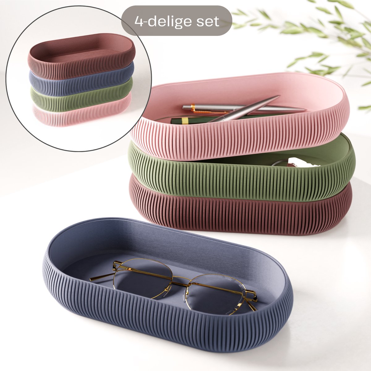Fleuriek – Stapelbare organizer set 4-delig – Mix & match opbergsysteem – Trays + pennenhouder voor kantoor, bureau, badkamer & keuken – Multi