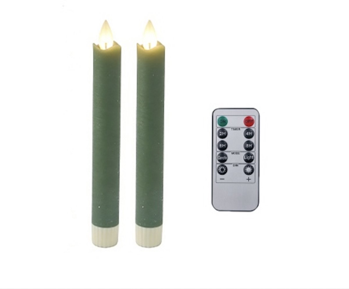 Foryouliving - LED kaarsen met bewegende vlam 2x - Groen - Green - Afstandsbediening - Dinerkaars rustiek wax 18.5 cm - LED kaars batterij - Timer