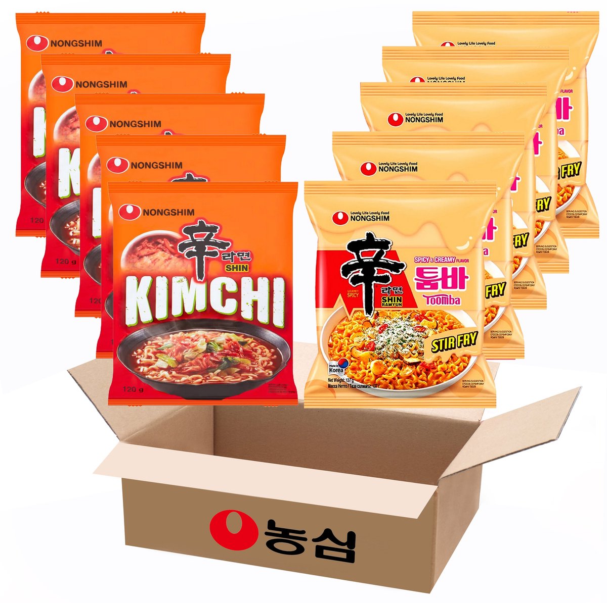 Nongshim Instant Noedels Spicy Shin Toomba Stir Fry Ramen 5x + Kimchi 5x Totaal 10 pakjes (Mix Pack)