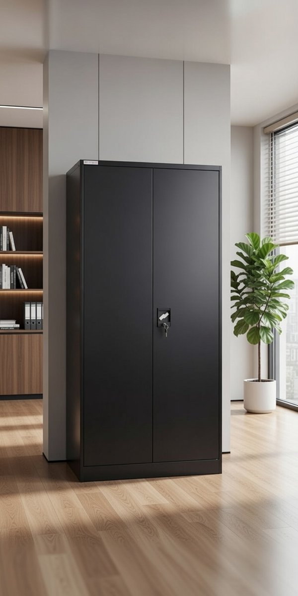 Elephant Stalen Vleugeldeurkast – Zwarte Opbergkast met 2 Afsluitbare Deuren, Kledingstang en 6 Vakverdelingen – Robuuste Garderobe-, Archief- en Werkplaatskast 180x80x40 cm Novihome