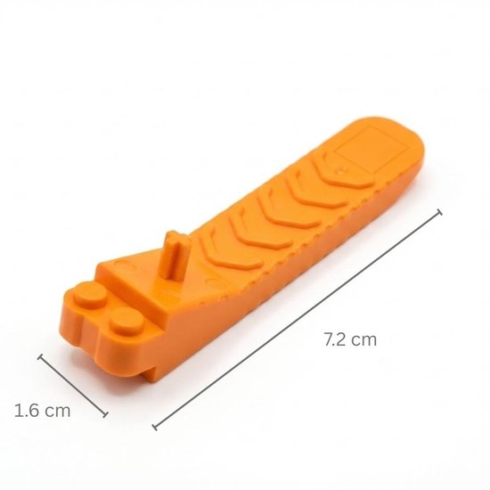 Oranje bouwblokken-scheider, 7.2 cm lang, met noppen aan één uiteinde en een pin aan de andere kant.