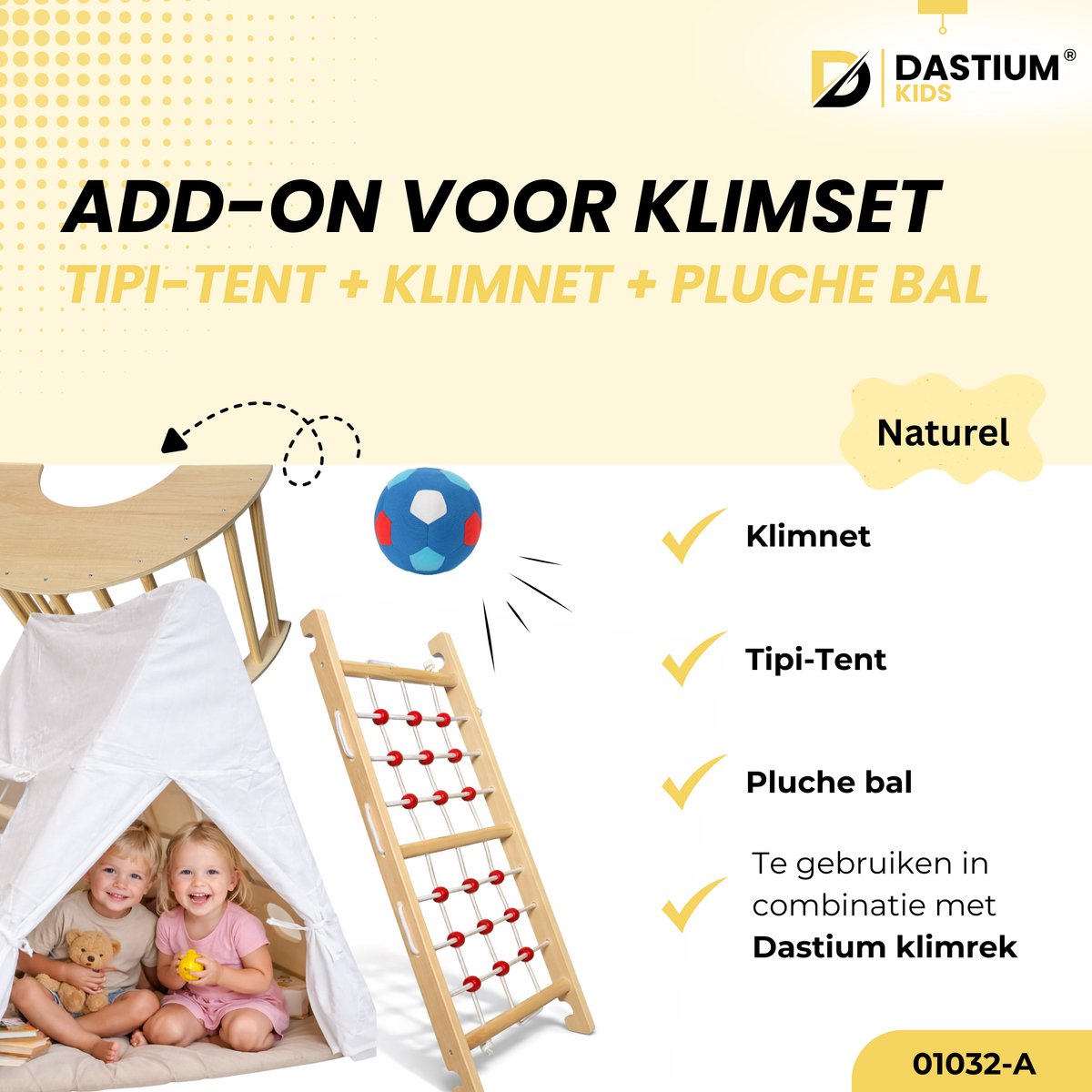 Dastium Kids Add-on - Klimnet voor Dastium Klimrek - Tipi Tent - Pluche Bal - Montessori Speelgoed - Naturel — afbeelding 2