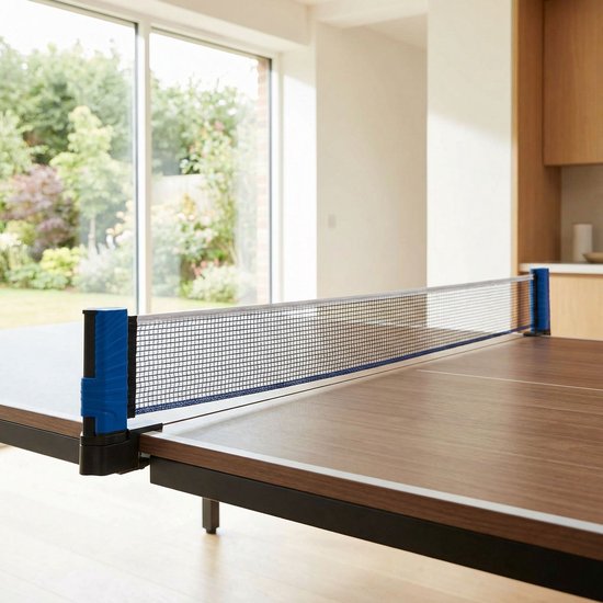 Blauw Slazenger tafeltennisnet uitgespannen over een houten tafel, met uitzicht op een tuin.