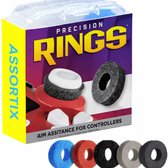 Doos met Assortix Precision Rings, met vier Aim Assist-ringen in het zwart, grijs, rood en blauw op een rode controller.