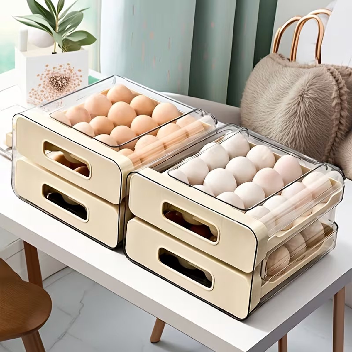 Eierdoos kunststof,eierdoos koelkast,Grote capaciteit eierhouder voor koelkasten met 2 lagen, opbergbox voor 32 verse eieren, koelkastorganizer, eieropbergbak en transparante kunststof eierbak.arent Plastic Egg Tray,