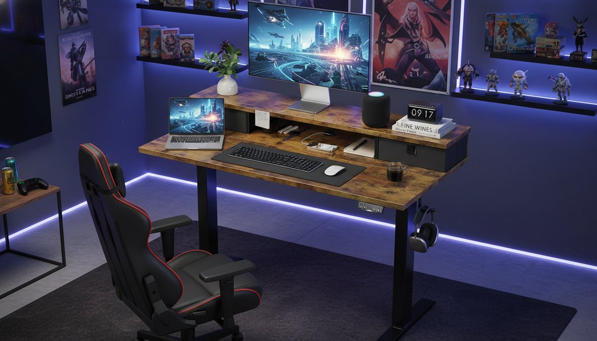 Electric tafel Casa Velluto FlexiStand 100x60 cm – Hoogteverstelbaar Zit-Sta Bureau met 2 Laden, Ergonomisch Staand Bureau, Stabiel Industrieel Design, Bruin, Elektrisch Bureau voor Thuiswerk en Kantoor