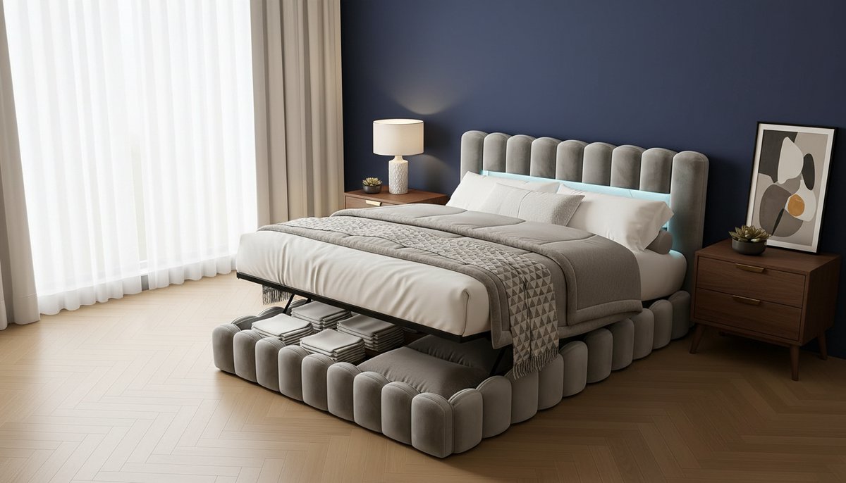 Boxspring 180x200 cm – Gestoffeerd Bed met Opbergruimte, Pneumatische Heffunctie, RGB-LED Verlichting, USB-oplaadpoorten – Modern Metalen Frame – Beige Tree Stump Stof – Casa Velluto SkyLight Bed