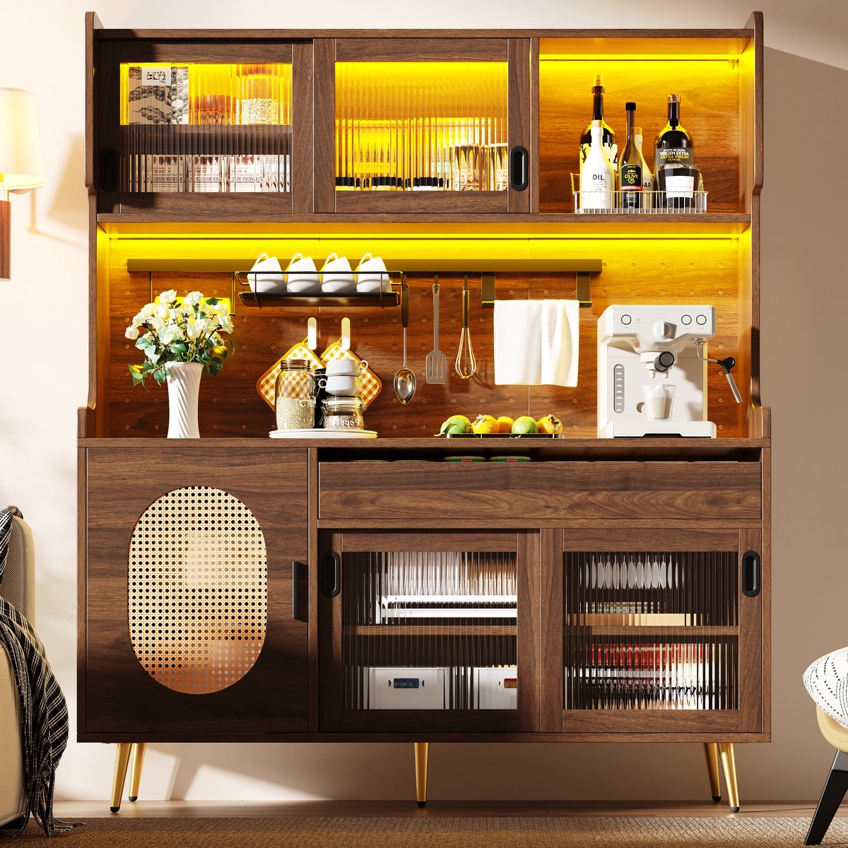 Buffetkast - opbergkast - keukenkast - dressoir - 145x39x171 cm - landelijke stijl - 5 deuren - met LED-licht - bruin