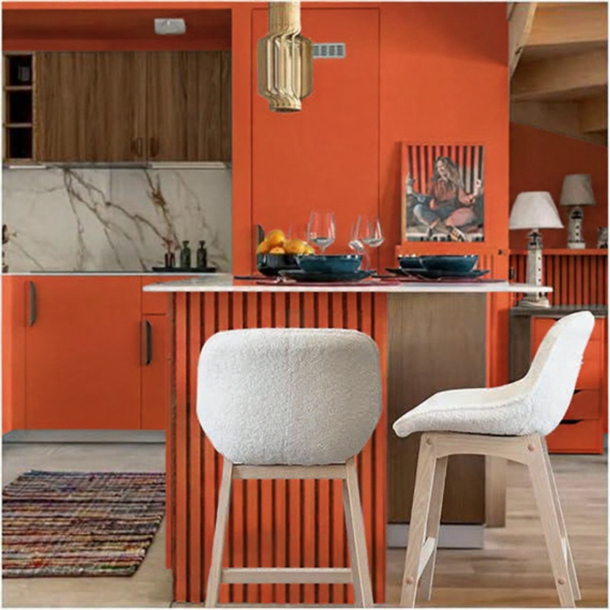 Scandinavische Barkrukken Set van 4 – 65 cm Zithoogte – Eikenhout & Witte Stoffen Zitting – Keukeneiland Casa Serena