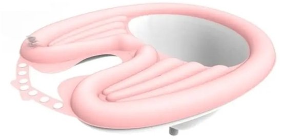 Bac de lavage rose gonflable avec zone de collecte blanche et sangle réglable.
