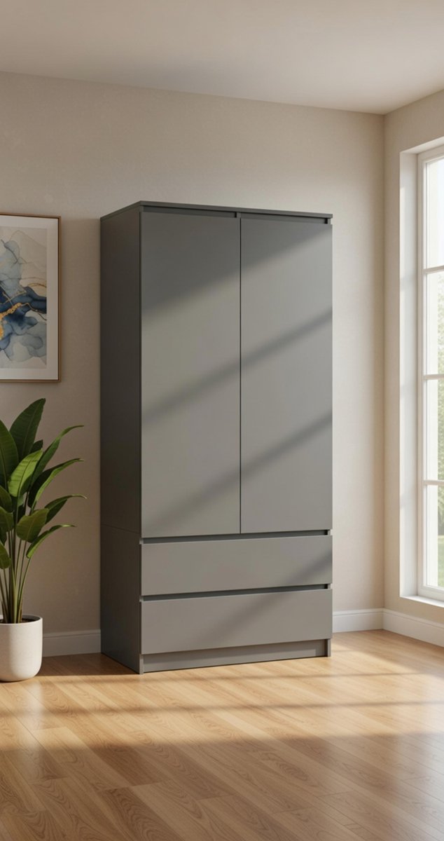 Moderna NovaWardrobe 2-Deurs Kledingkast met 2 Laden, Legplanken en Kledingstang – 90x51x180 cm – Minimalistische Slaapkamerkast – Grafietgrijs – novihome