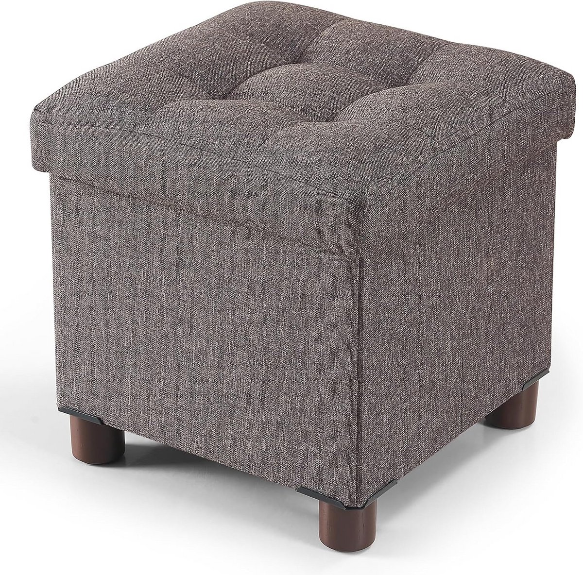Kleine Ottoman Opbergdoos 32 x 32 x 32,5 cm - Linnen Voetenbank met Houten Poten en Deksel voor Woonkamer en Slaapkamer
