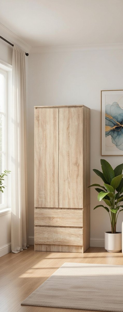Moderne 2-Deurs Kledingkast met 2 Laden – Compacte Opbergkast 180x60x51 cm – Sonoma Eiken – Slaapkamer, Hal & Kinderkamer – Stijlvol & Duurzaam – Novihome