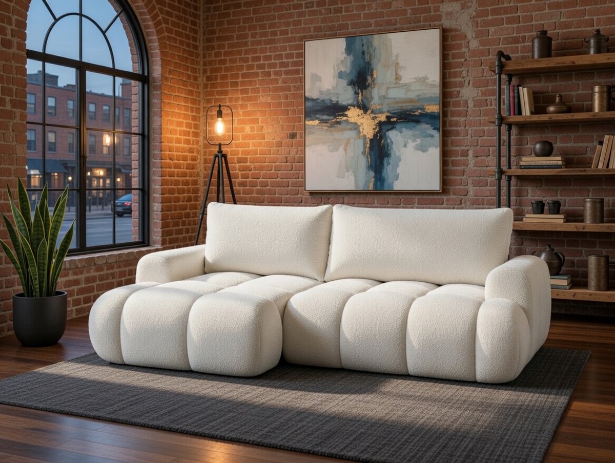 Hoekbank met Slaapfunctie 246 x 155 x 80 cm – 3-Zits L-Vormige Bouclé Hoekbank met Opbergruimte en Chaise Longue – Crème Design Slaapbank – Slaapoppervlak 135 x 195 cm – OMBO MINI – Bellavero