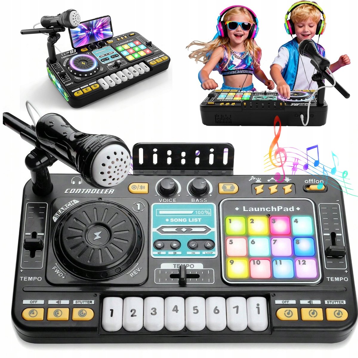 DJ Set Voor Kinderen - Elektronisch Muziek Speelgoed - Zwart 6 Modi & 100 Geluiden - Met Microfoon & LED-verlichting - Muziekeducatief speelgoed voor kinderen