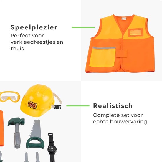 Oranje bouwvakkershesje met gele accenten. Daaronder een gele helm, veiligheidsbril en gereedschap.