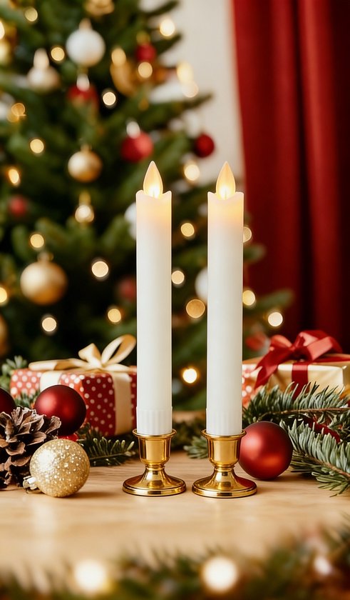 Twee ivoren LED-kaarsen in gouden houders, voor een kerstboom met cadeaus.