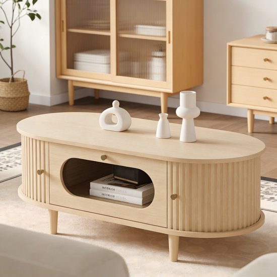 OKWISH Table Basse - Met Lade En Rolluikdeuren - Salon Et Balcon - MDF Couleur Chêne Avec Devant De Tiroir En Verre - 100×50×36 Cm