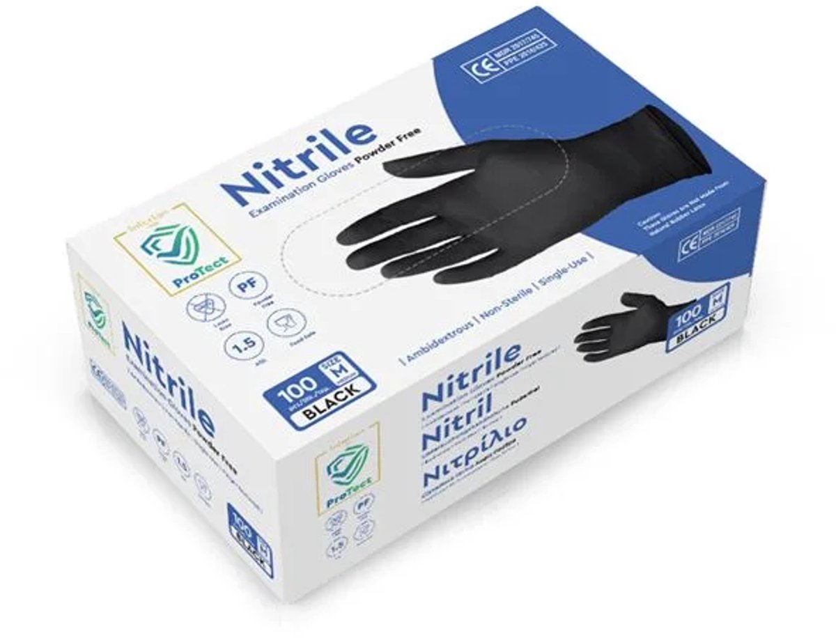 Nitril Handschoenen - PROTECT - Zwart - Poedervrij (MDR PPE III) - M - 100 stuks