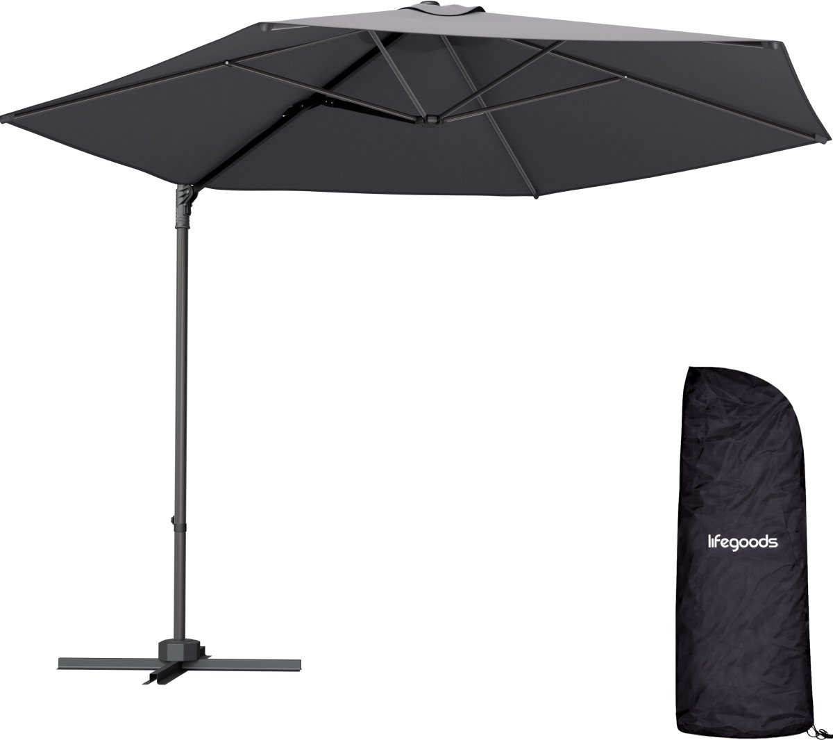 LifeGoods Zweefparasol - Ø294 cm - One-push Systeem - Waterdicht - met Hoes - Antraciet
