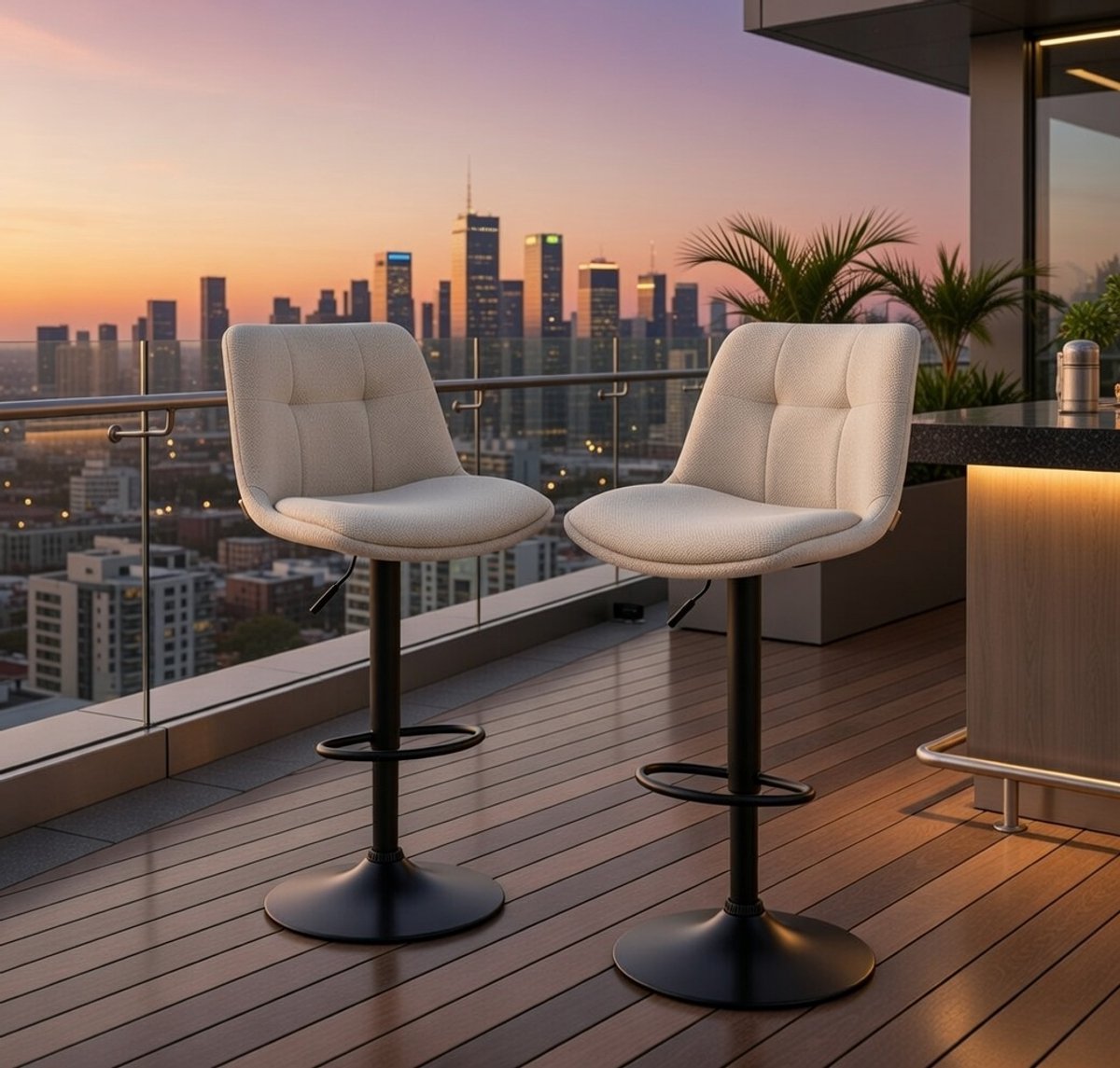 Luxe Barkrukken Set van 2 – Draaibare en In Hoogte Verstelbare Barstoelen met Ergonomische Rugleuning en Voetsteun – Comfortabele Flanel Zitting – Crème Wit – Keuken, Eetkamer, Bar en Kookeiland Ca...