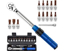 Momentsleutel - Fietsgereedschap - Momentsleutelset - 1/4 inch - 2-24 Nm - 0.1 Nm micro-afstelling - 72 tanden ratel - ±3% nauwkeurigheid - 15-delig - Verlengstuk 100mm - Dopsleutels 35mm