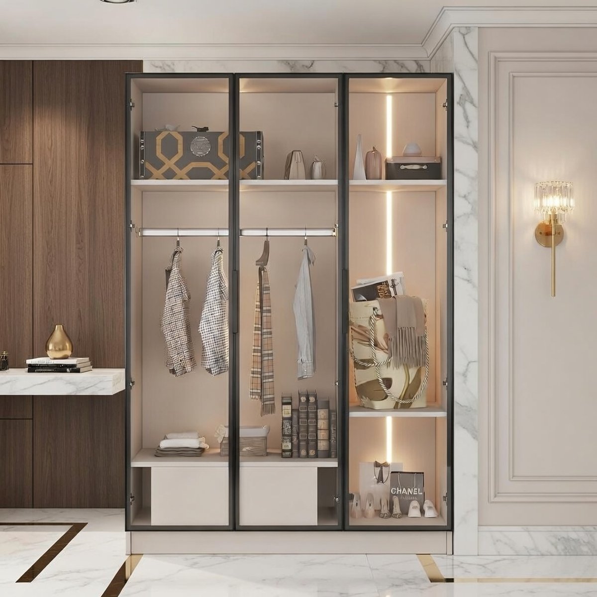 Moderne Witte Kledingkast met Glazen Deuren, LED-Verlichting, Lade en Kledingstang – 160 cm Hoog, 110 cm Breed – Luxe Opbergmeubel voor Slaapkamer en Kleedkamer | Novihome