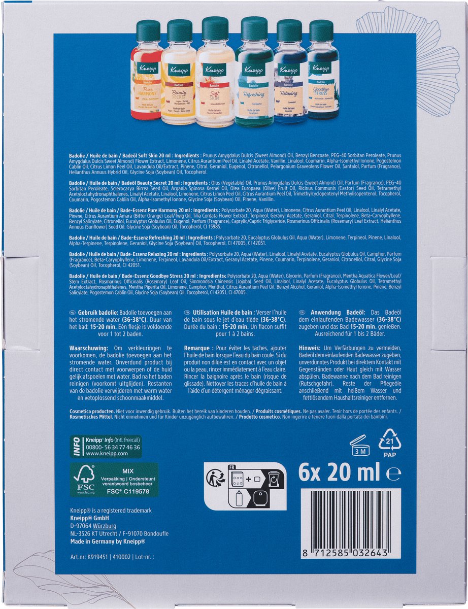 Kneipp Geschenkset Badolie - Giftset - Cadeau - Inhoud 6 x 20 ml — cadeau in Verzorging - foto 2