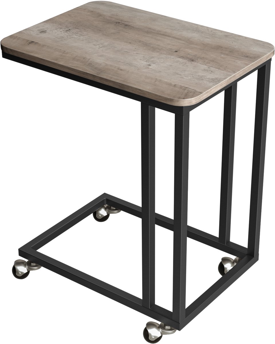 Vasagle Bijzettafel - Bijzettafeltjes Woonkamer - Met Wielen - C-vormige Salontafel - Mobiel voor Bank en Laptop Greige-Zwart