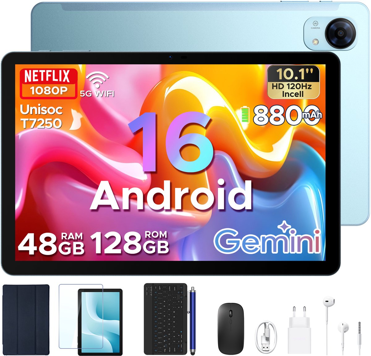 Aorlym P10 Pro - Tablet - 48 GB RAM (8+40 GB) + 128 GB ROM (2 TB/TF) - 10,1 inch HD 120 Hz - Android 16 - 8800 mAh - Gemini AI - T7250 - Face ID - Dubbele luidsprekers, complete accessoirebundel met toetsenbord en stylus - Blauw