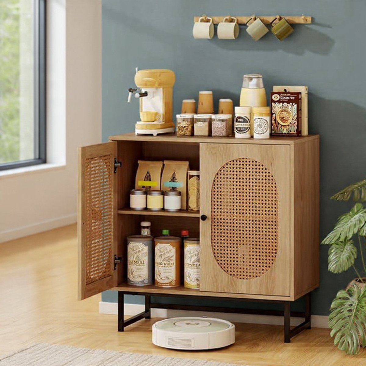 LuxeLine Rotan Dressoir met 2 Deuren en Verstelbare Planken – Stijlvolle Houten Buffetkast voor Woonkamer, Keuken & Eetkamer (80x40x81,5 cm) – Novihome