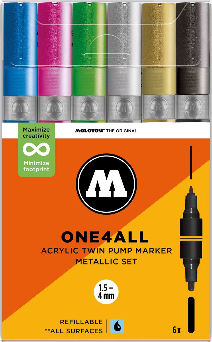 MOLOTOW ONE4ALL TWIN Acrylstiften Set - Metallic - 6x (1,5+4mm)