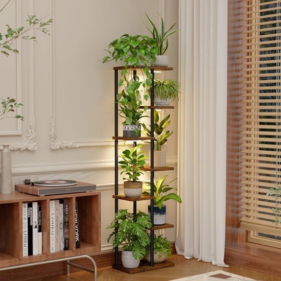 Plantenstandaard met Groeilicht 7 Niveaus – Hoek Plantenrek met LED Plantlamp – Metalen Bloemenstandaard met Houten Planken – Plantentrap voor Woonkamer, Balkon en Terras