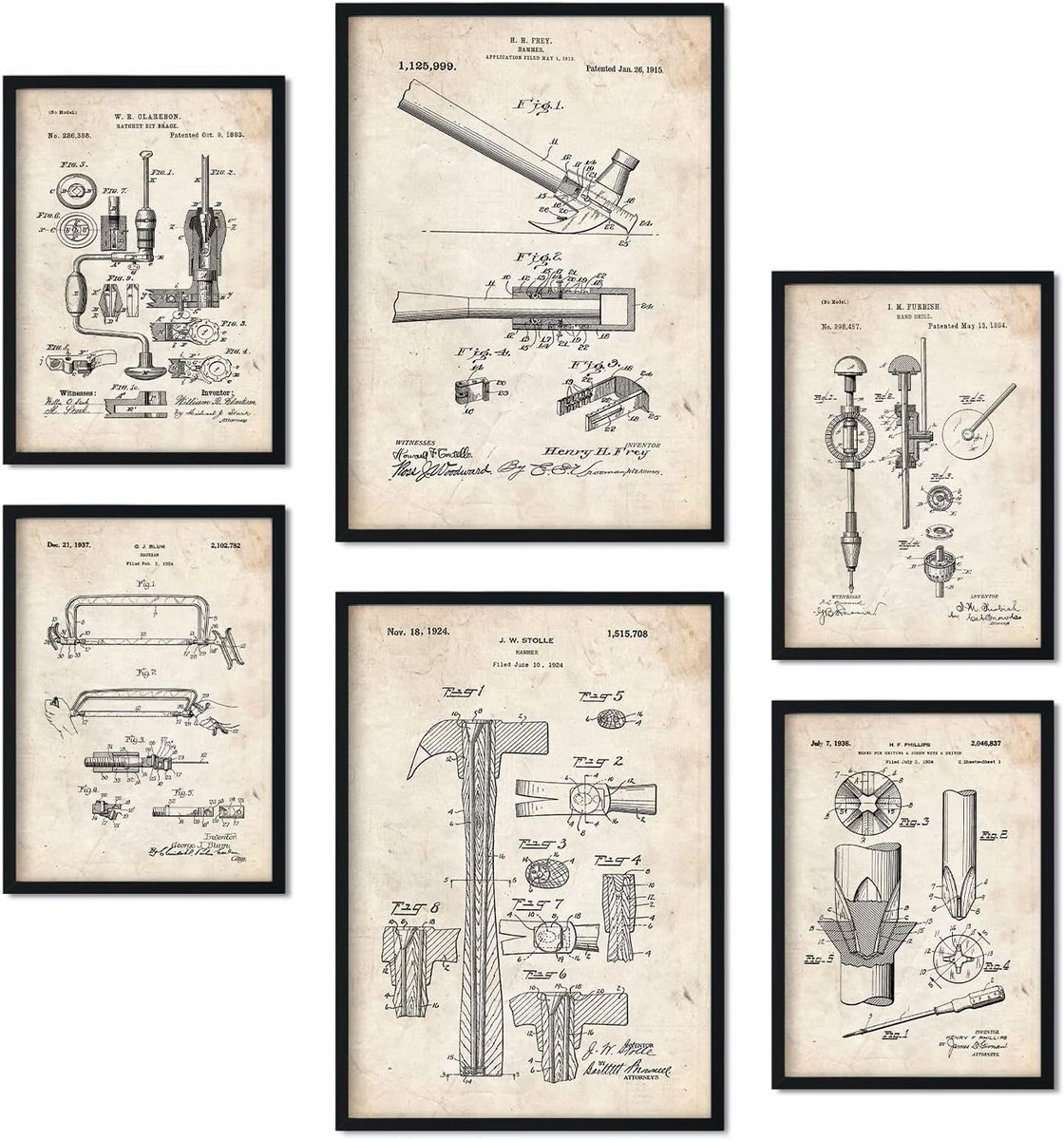 Set van 6 vellen bouwgereedschap posters met antieke uitvindingstekeningen voor vintage woondecoratie