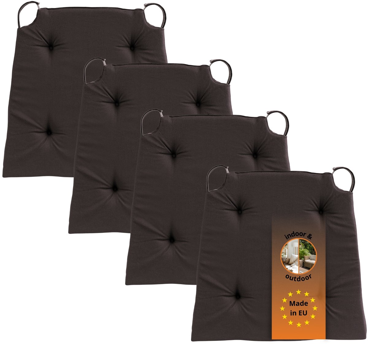 sleepling Basic 10 stoelkussenset 4-delig - stoelkussens 40x40 cm - stoelkussens buiten en binnen - stoelkussens eetkamer, stoelkussen met lint en zitkussen met klittenband - Made in EU - set van 4 - 41 (voor) / 35 (achter) x 40 x 5 cm - kastanje